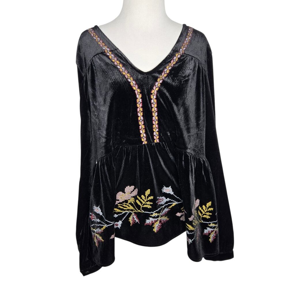 Whimsigoth Embroidered Velvet Blouse Women Oversized Peasant Black Boho Medium